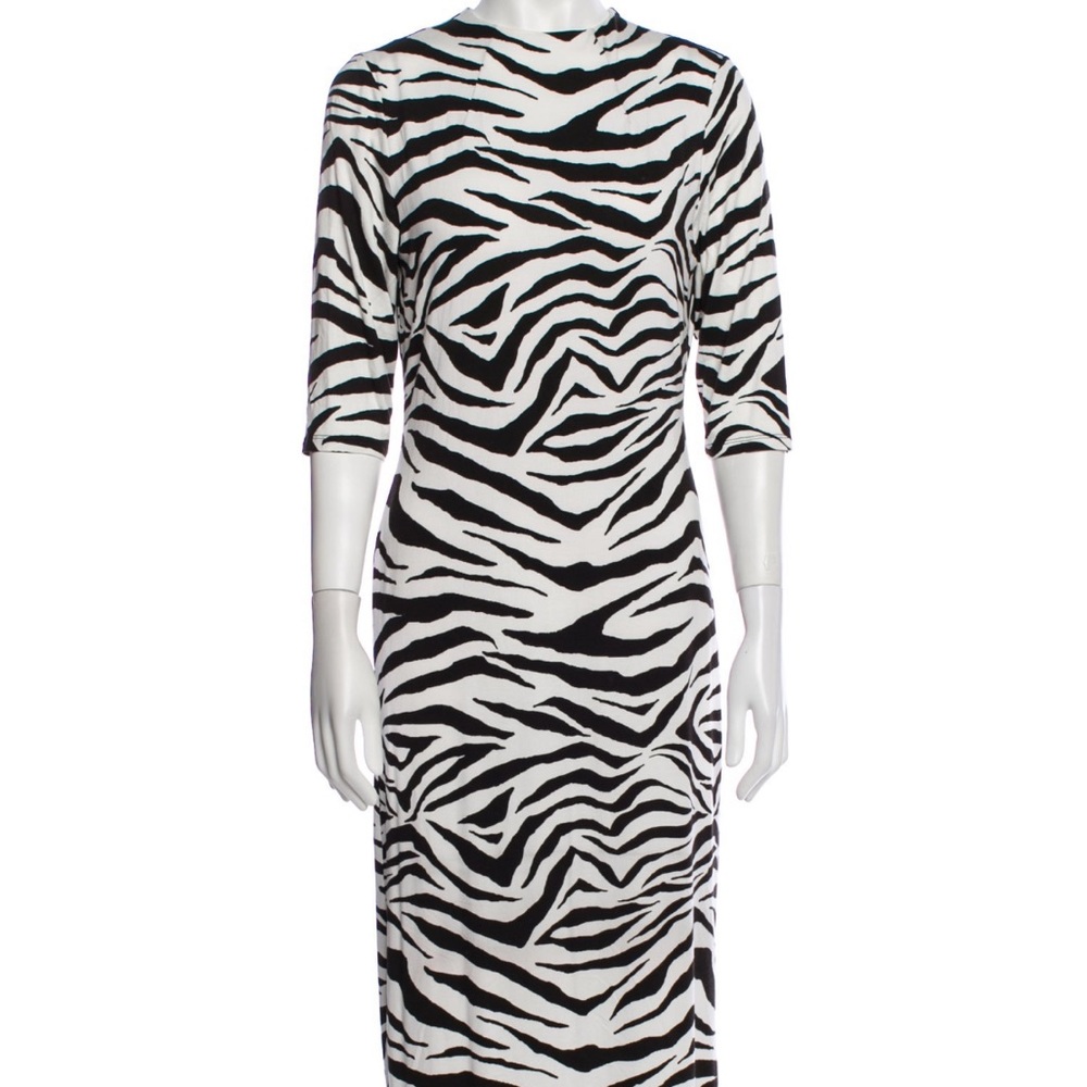 Black and White Sheath Dress with Mock Neck and Cuffed Sleeves